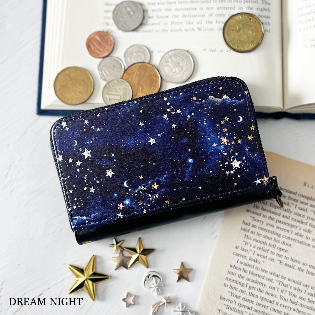 星空と夜空と天体柄 ミニ財布・コンパクト財布 リールストラップ付き