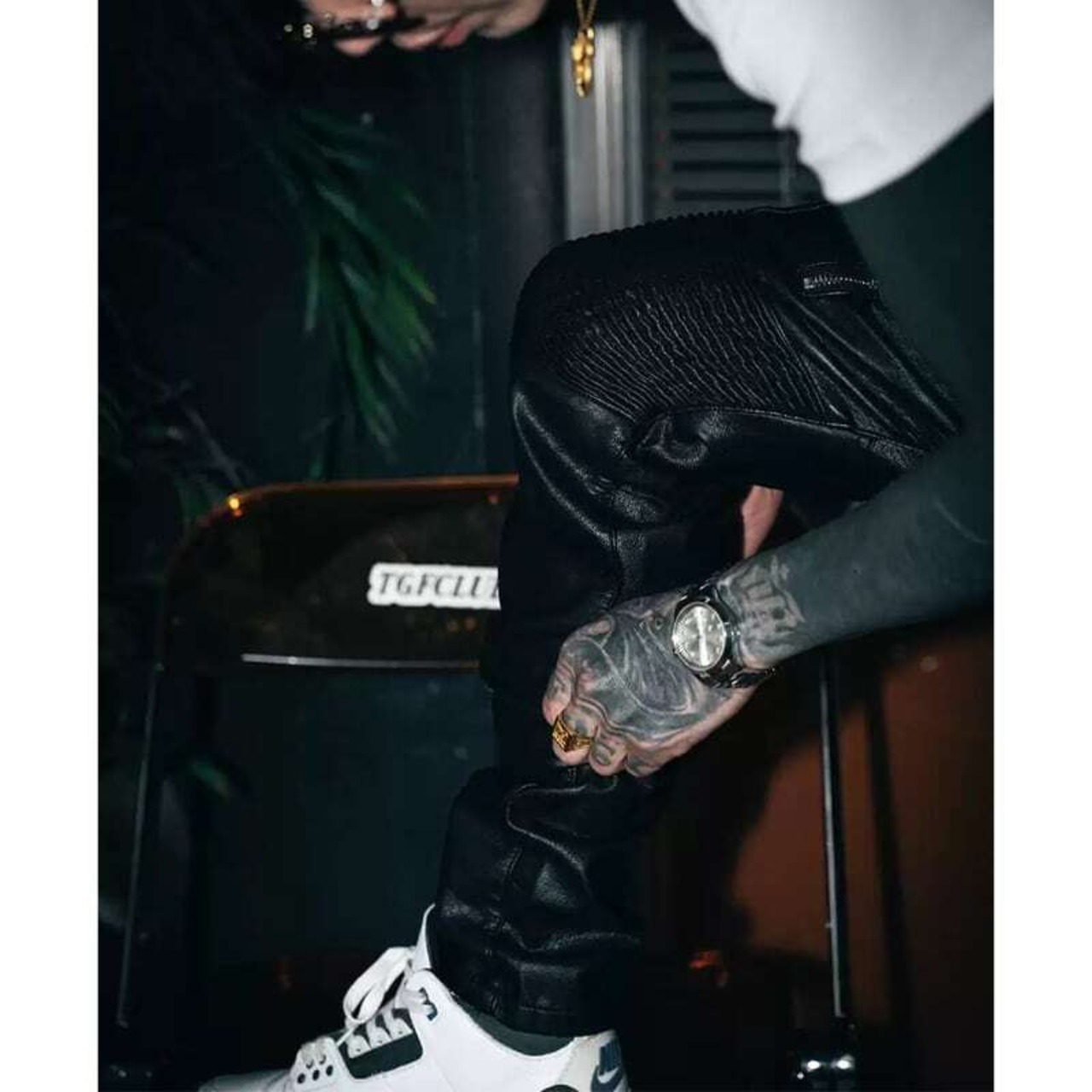 TGFCLUB  drill slim leather pants - 3