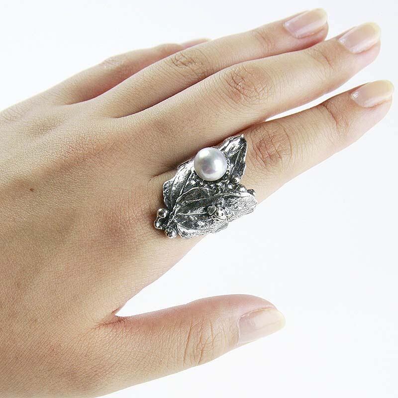 大珠ナチュラルブルー アンティーク調の指輪フリーサイズ 【あこや真珠