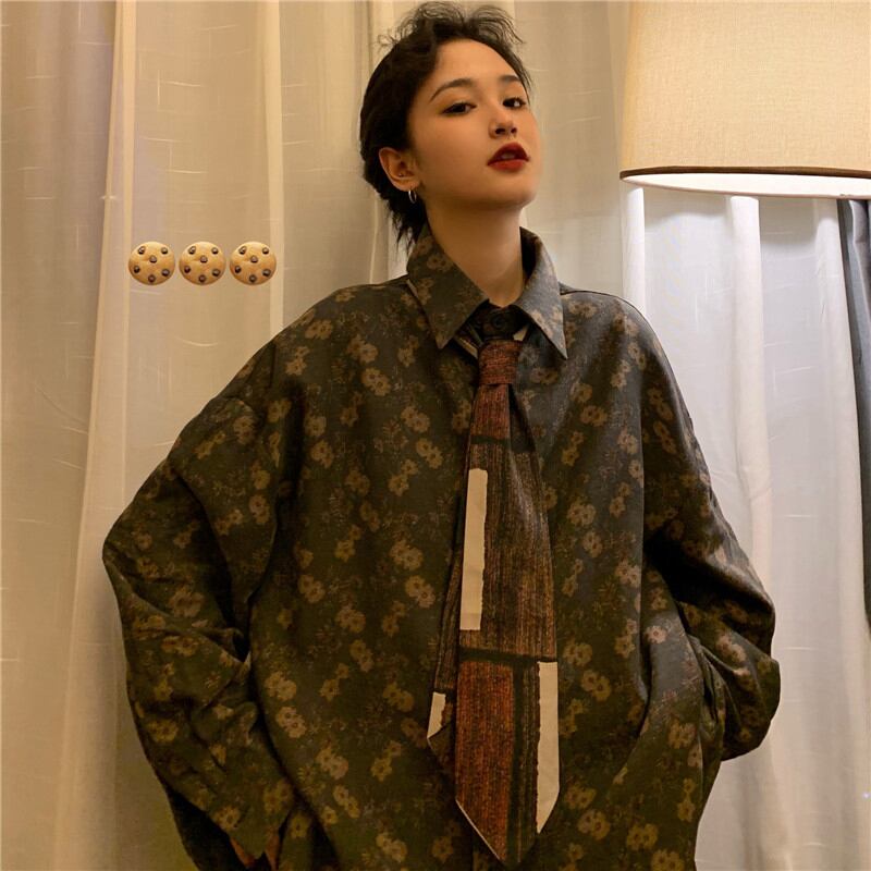 都谷シリーズ ネクタイ付きシャツ 花柄 レトロ 男女兼用 ゆったり メンズ 原宿風 かっこいい オシャレ Elegant 都谷シリーズ ネクタイ付きシャツ 花柄 レトロ 男女兼用 ゆったり メンズ 原宿風 かっこいい オシャレ Elegant