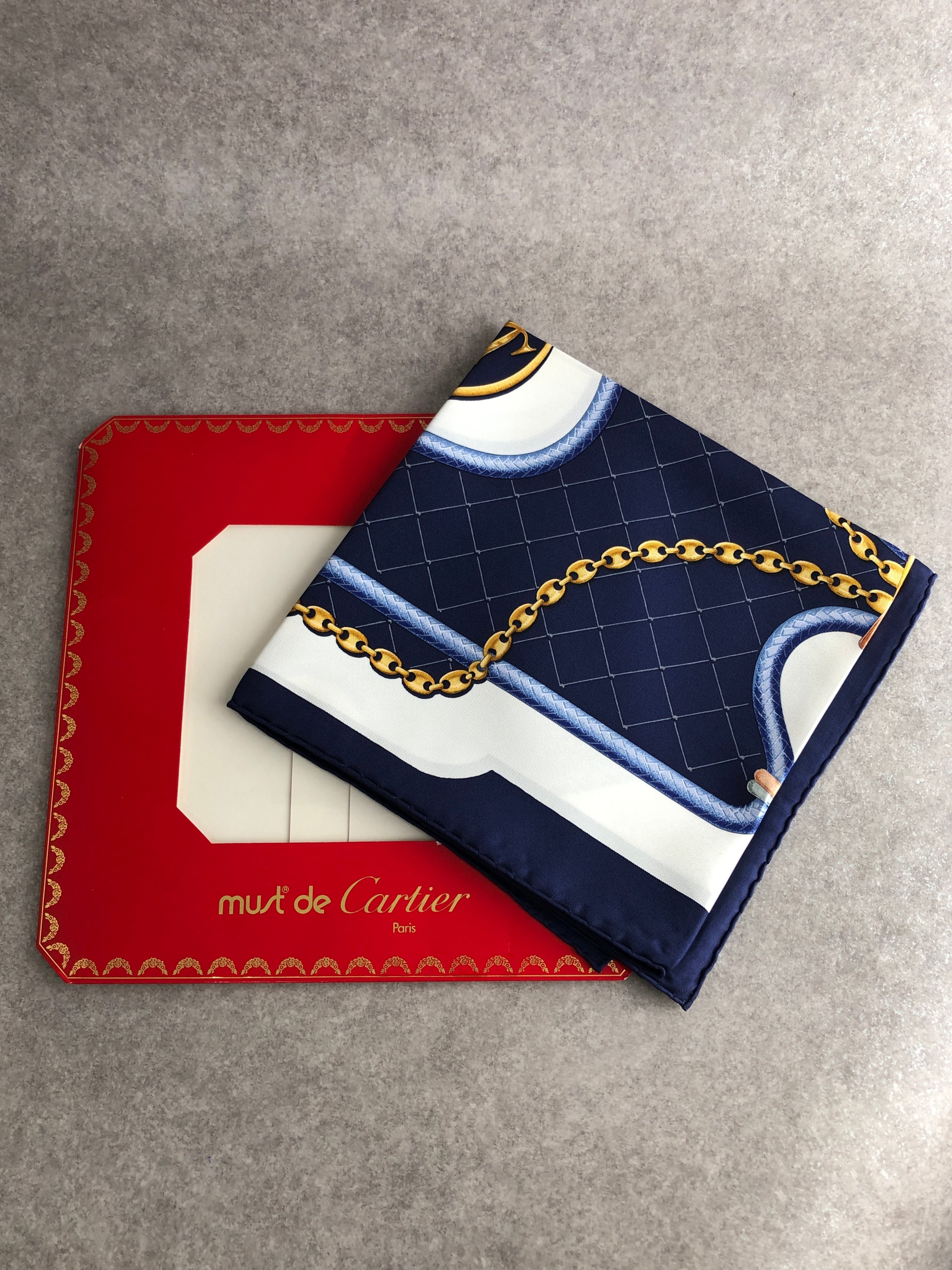 Cartier カルティエ スカーフ ネイビー マストライン シルク vintage