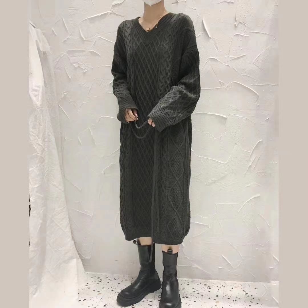 ウエスト紐付き　ケーブル編みニットワンピース　AJ2205-D06