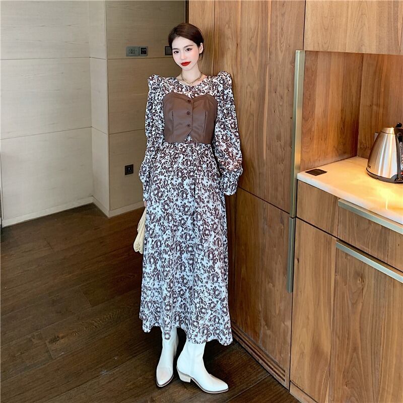 フランスのニッチなレトロな黒の花柄のドレス女性の秋の長袖ミディスカート2020新しい気質のスカート ブラックストロベリース41295973281