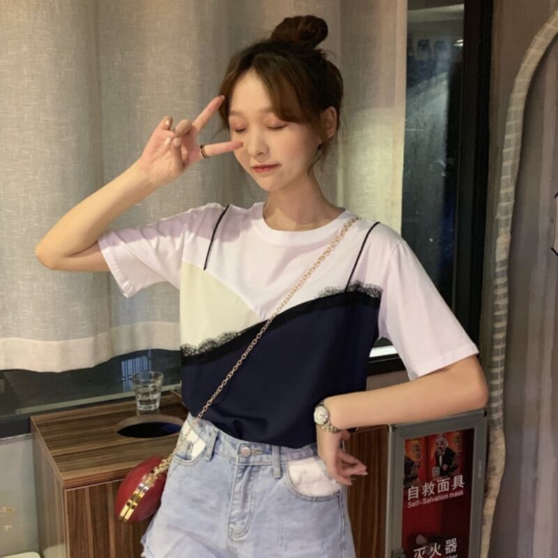 2020年夏の新しい陰謀服ステッチ偽のツーピースコンピオネートルーズネットレッド半袖Tシャツ女性イントレンド 1号婦人79632787431