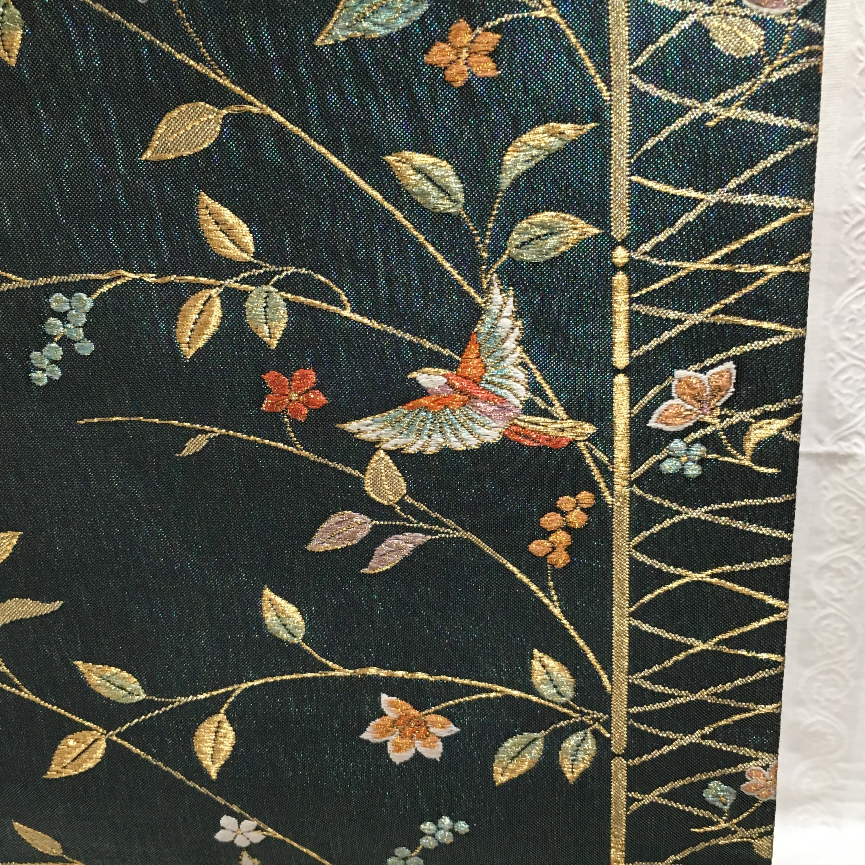 袋帯（ラメ入青緑地枝に花）