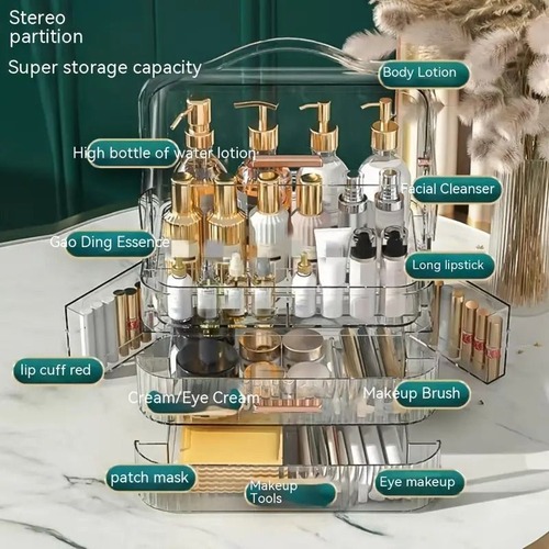 メイクボックス コスメボックス 引き出し 3段式 透明カバー付き 化粧品収納ボックス 大容量 化粧品 収納 メイクケース 引き出し 化粧品入れ 多機能 コスメ アクセサリー ジュエリー 浴室 洗面所 卓上収納 高品質 2色 透明 エメラルドグリーン