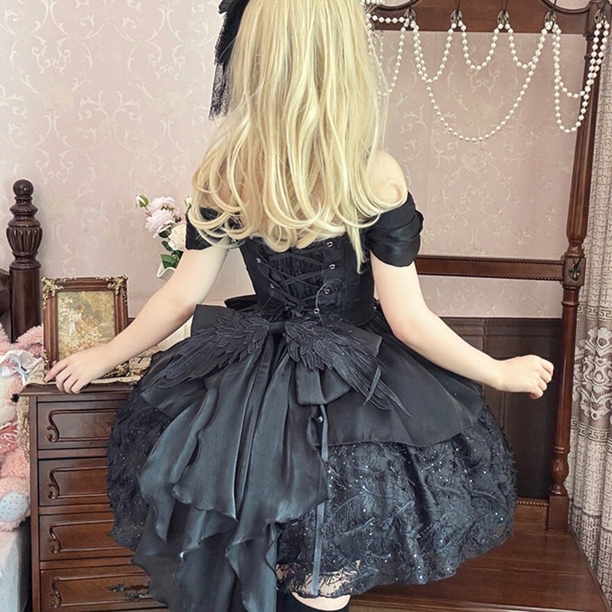 受注予約商品 SEASONZ ゴスロリ スワン バックリボン ロングテイル ダークゴシック レース ステージ衣装 バレエ コンカフェ衣装