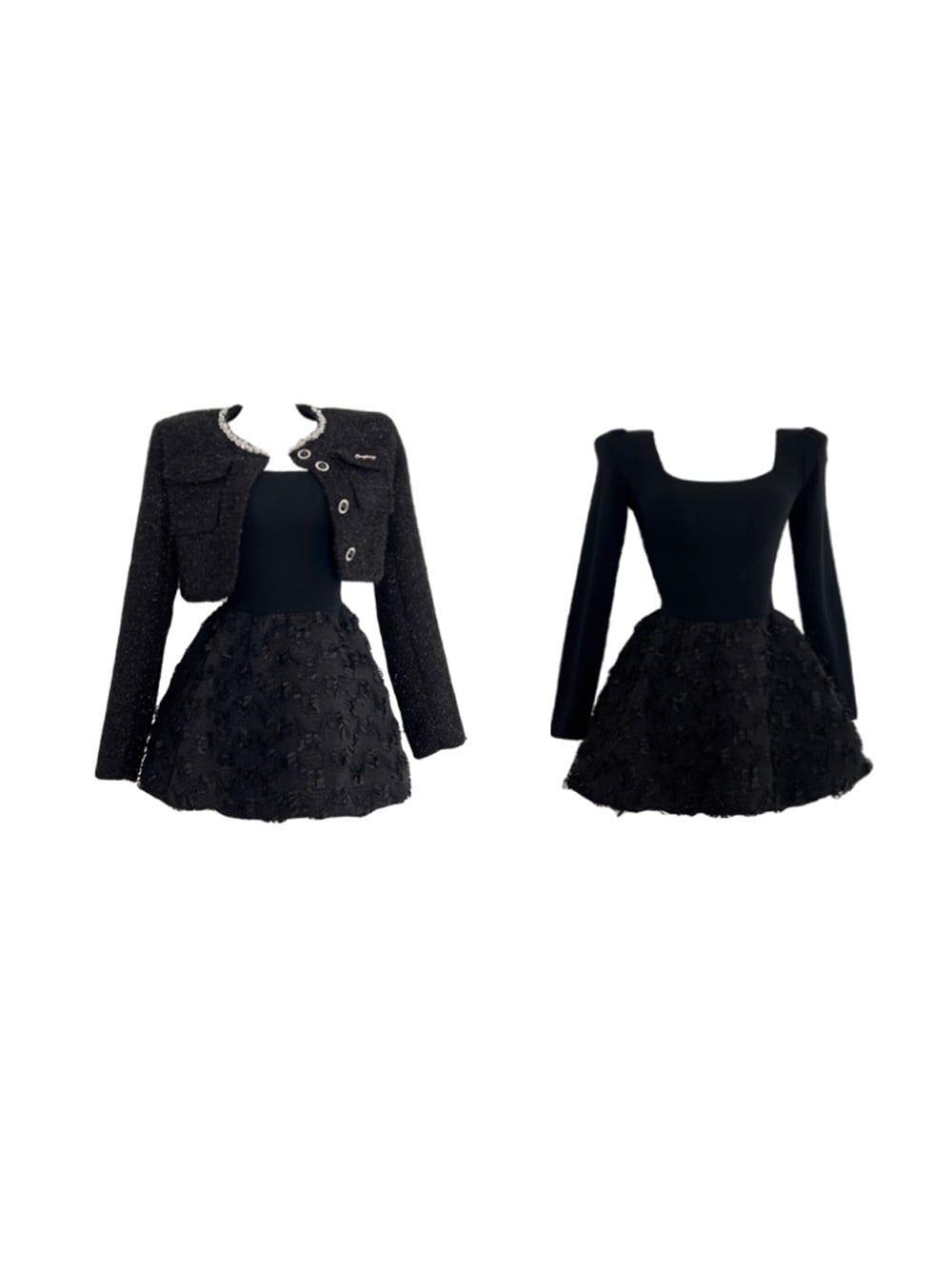 クラシック｜ブラックフリースツイードジャケット＋ワンピース