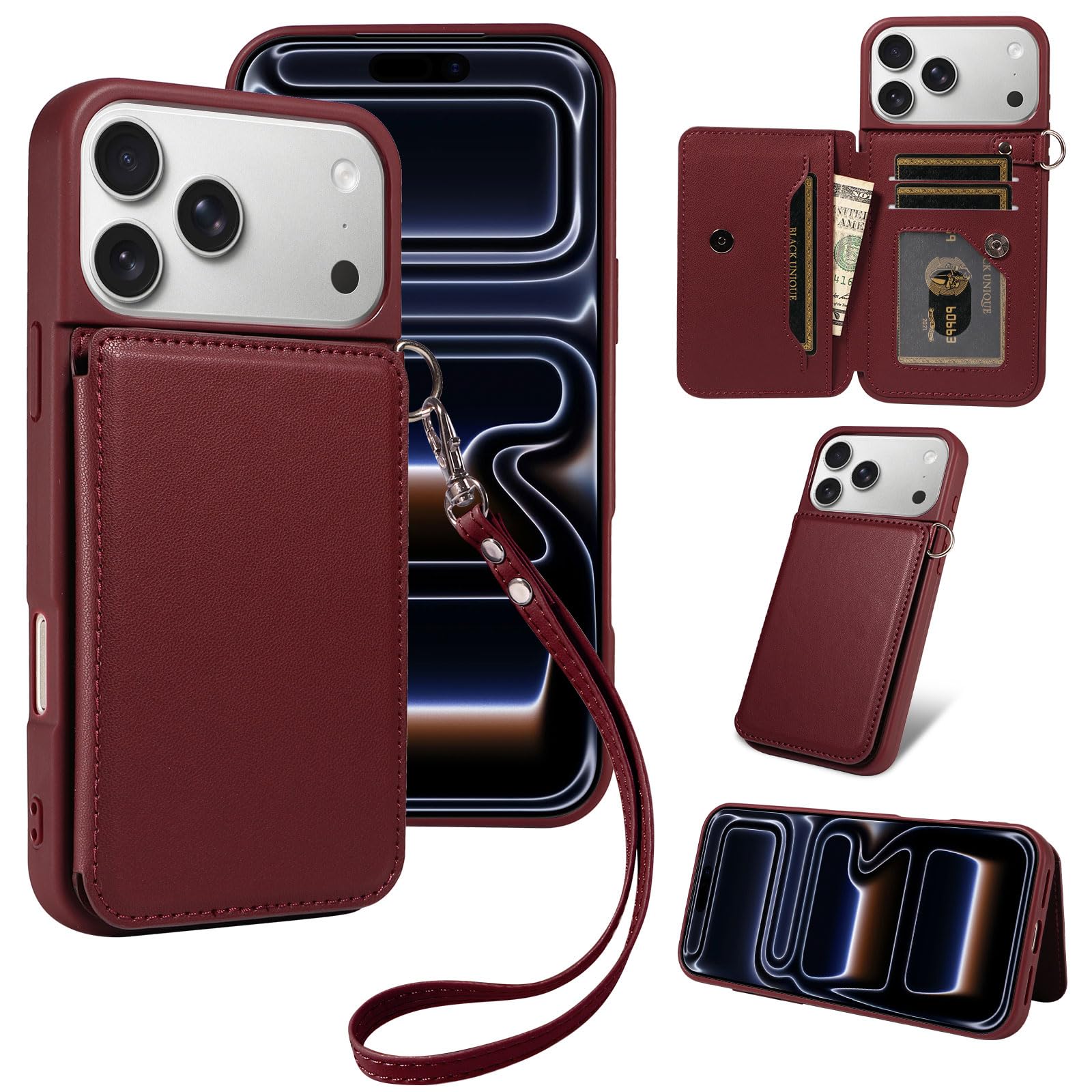 TOMEYOUCASE for iPhone 17 Pro Max ケース iPhone 18 Pro Max ケース 濃い赤 背面 手帳型 ICカード収納 高級PUレザー 人気 おしゃれ 財布型カバー アップル いphone 18 Pro Max用 スマホケース スタンド機能 アイフォン17 プロ マックス 上質 マグネット 携帯保護ケース 男女兼用 薄型 軽量 ストラップ付き ワインレッド
