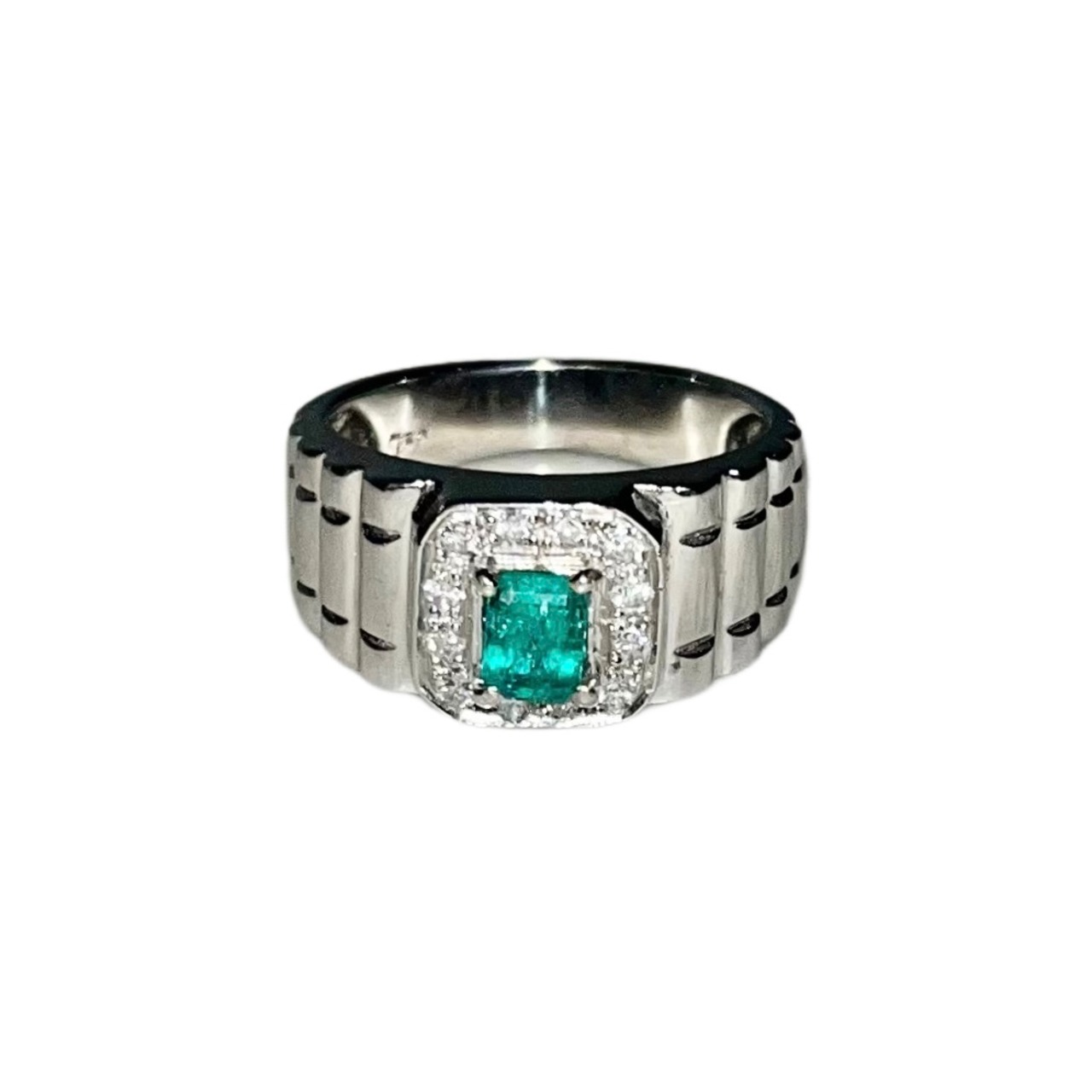 vintage 18ct white gold art-deco design emerald ring surrounded by diamonds