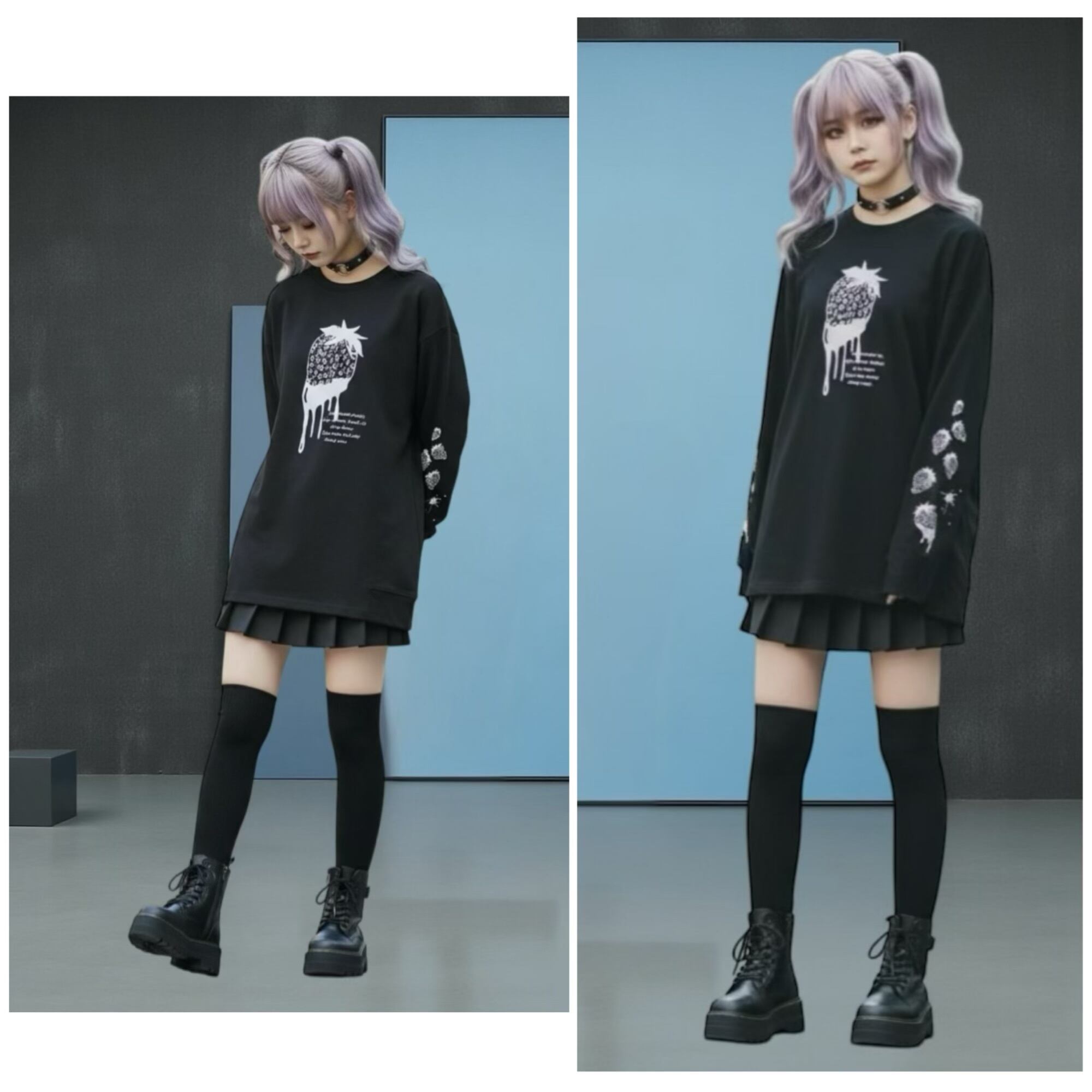ロングTシャツ サブカル 黒 苺 いちご 病みかわいい 地雷 サブカル地雷