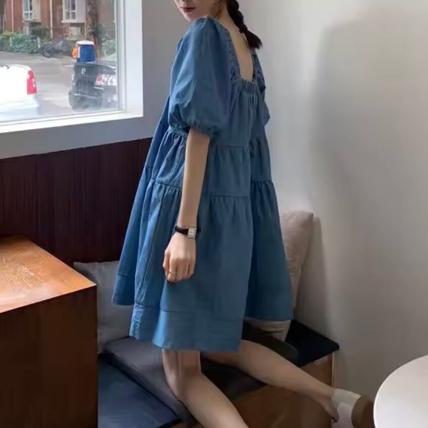 スクエアネックデニムティアードミニワンピース