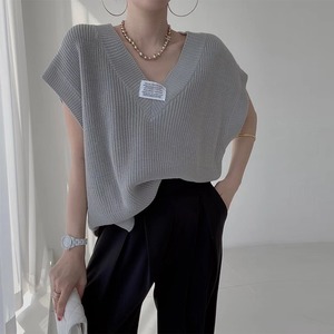 ニットベスト XL ノースリーブ レディース Vネック サイドスリット ショート 送料無料 トップス 春夏秋 113993