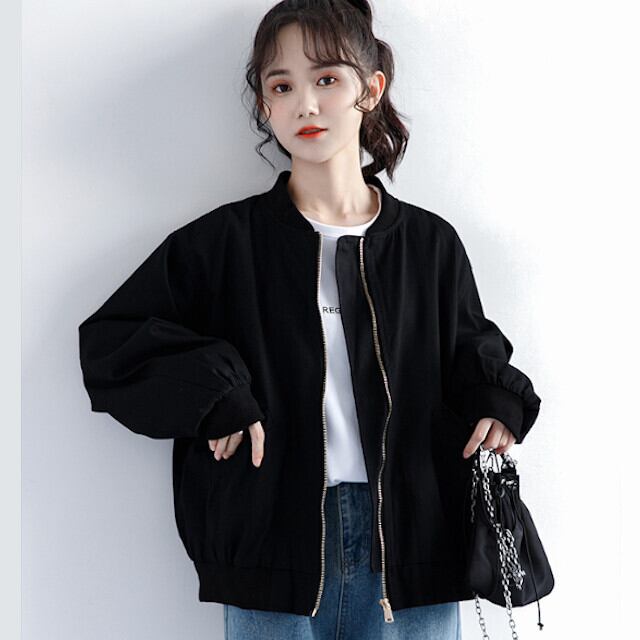 ブルゾン レディース アウター シンプル ジッパー カジュアル 上品 ショート丈 ブラック S/M/L