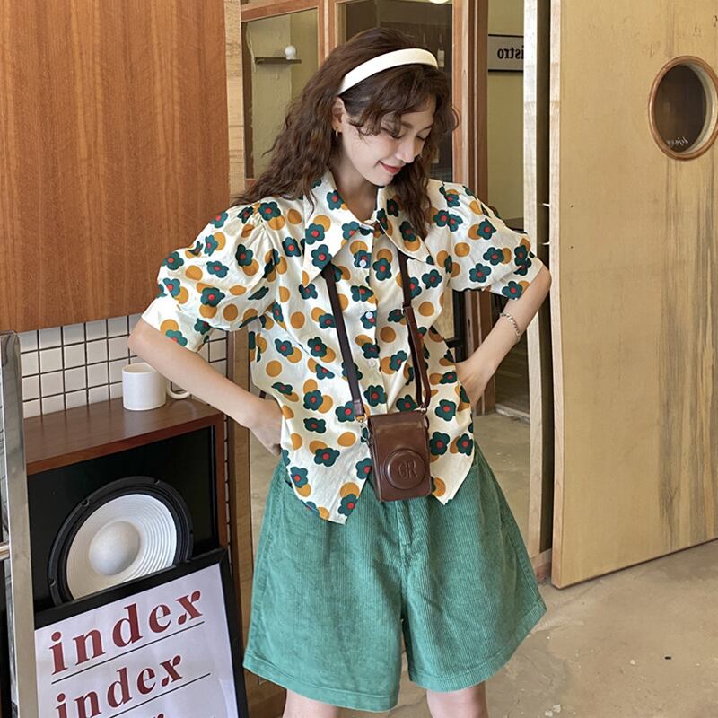 トップス サマーカラースタンダードFlowerデザイン プリント柄シャツ レトロ 夏物 フラワーデザイン 萌量不足19085824280