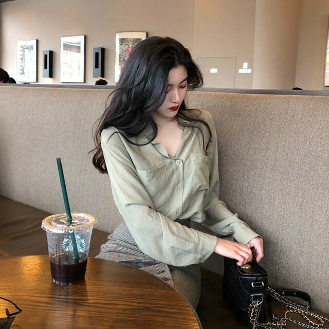 くすみ ミントグリーン シャツ ブラウス とろみ とろみシャツ 大きい