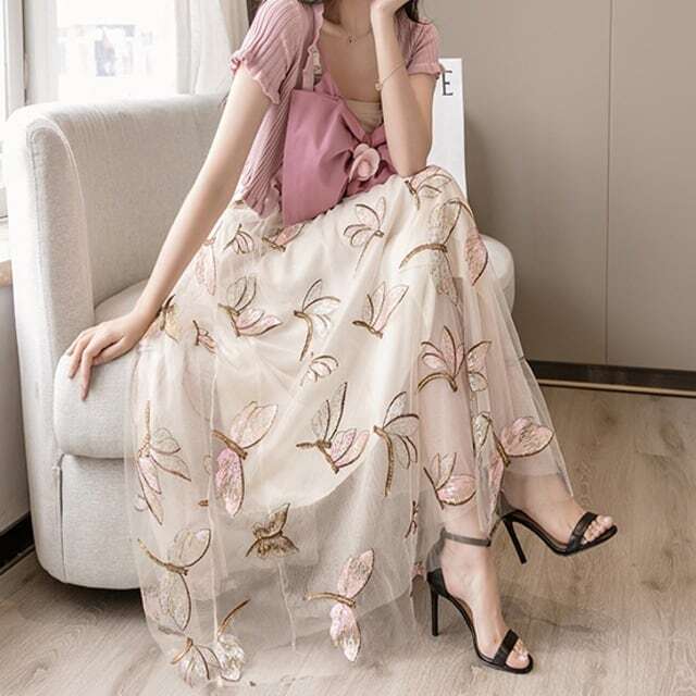 ピンク チュール刺繍スパンコールロングスカート ピンク チュール刺繍スパンコールロングスカート