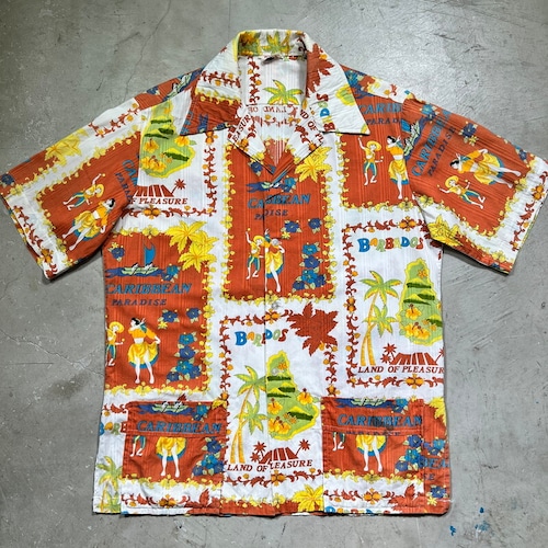 70's~  Bajan カリビアンビーチシャツ スーベニアシャツ BARBADOS CARIBEAN PARADISE パチポケ 総柄 オールオーバーパターン Lサイズ 希少 ヴィンテージ BA-1830 RM2249H