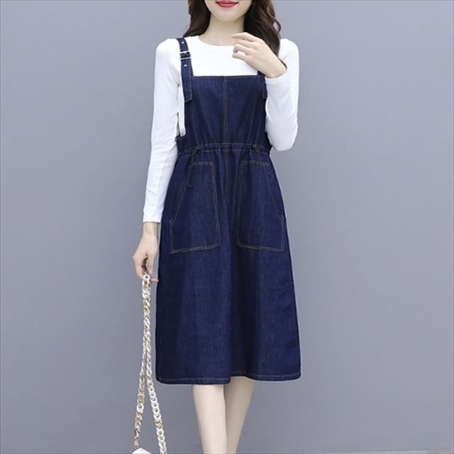 【送料無料】 ジャンパースカート＆Tシャツ 2点セット デニム ロング 無地 体系カバー カジュアル系 大人可愛い コナレ感 きれいめ シンプルデザイン 夏 30代 40代 レディースファッション 可愛い お出かけ 女子会 デイリーユース お茶会 お呼ばれ Aライン フレア