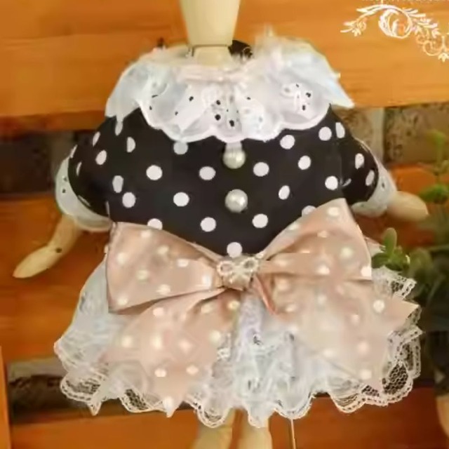 【海外ハンドメイド】ドットとレースのドッキングドレス　犬服　00985