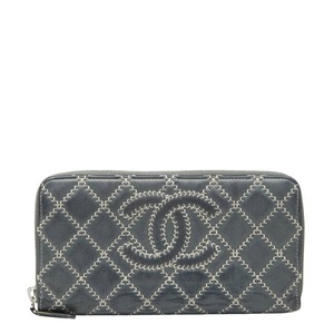 シャネル ココマーク ウルトラステッチ ラウンドジップ 長財布 グレー ラムスキン レディース CHANEL 【中古】