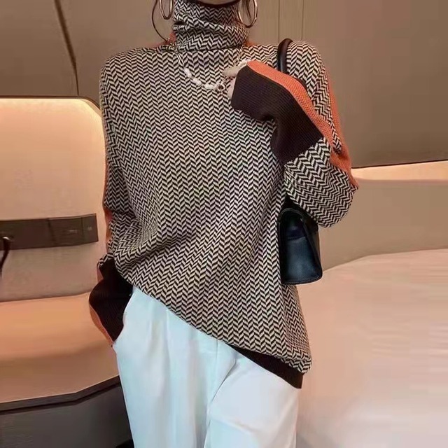 トップス ニットソー セーター プルオーバー ミディアム丈 袖あり 長袖 タートルネック 襟なし スリム ライン 切り替えデザイン ニット 大人可愛い きれいめ シンプル カジュアル 大人 上品 お洒落 大人女子 こなれ感 ガーリー 個性的 モード系 エレガント 主役級 抜け感 ヘリンボーン柄 春 秋 冬 20代 30代 40代 ママ 通勤 通学 デート お出かけ 女子会 休日 旅行 着回し 普段使い 重ね着 楽ちん 暖かい 定番 トレンド 流行 インスタ映え S M L XL オレンジ グリーン