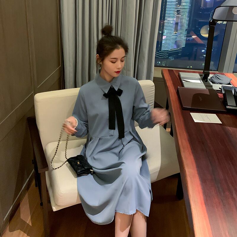 【新作】【送料無料】 マタニティウェア2020秋と冬の新しいファッションステッチラペルボウドレス、トレンディなマザーミドル丈マタニティドレス-アリババ リボン オータム 秋物 ウィンター 冬物 expec221197567307