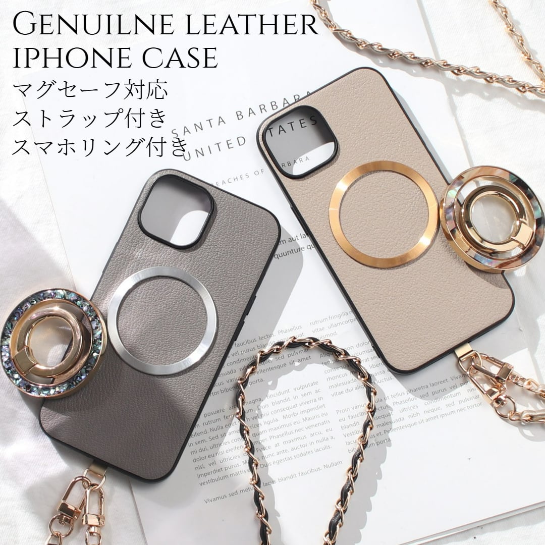 iphone ケース レザー リング付き iphone16 iphone15 iphone14 iphone13 チェーン ストラップ 本革 16 15 14 13 13mini マグセーフ対応 magsafe対応 山羊革 16pro 15pro 14pro リング べっ甲 ショルダー ストラップ付き 肩掛け スタンド マグネット 16プロ 13ミニ メタリック 送料無料