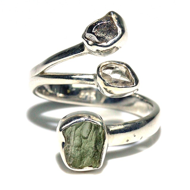 〔R469-26〕天然モルダバイト 鉄隕石 ハーキマーダイヤモンド sv925 リング 指輪 サイズフリー meteorite