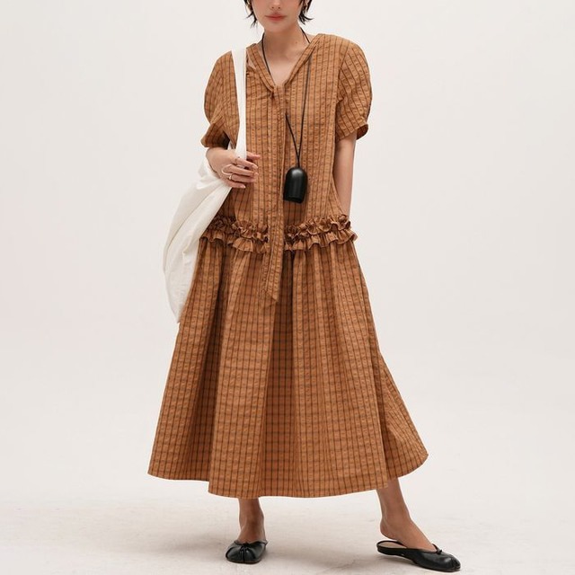 bow tie frill waist check one-piece 14649