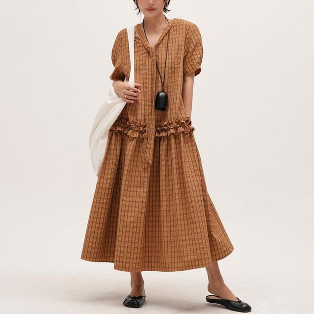 bow tie frill waist check one-piece 14649
