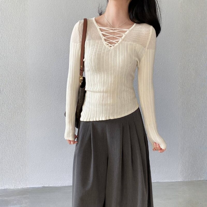 レースアップ スリムフィット 長袖ニット ◆2color 204575