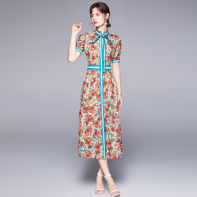 夏目三久アナご着用 送料無料 D524 ライン ボウタイ 花柄 クラシカル ワンピース ピーコックグリーン ホワイト 青緑 前開き 半袖 シャツ ワンピース 膝下 ミモレ フラワー ストライプ パフスリーブ インポート パーティードレス カジュアル 華やか 上品 メール便