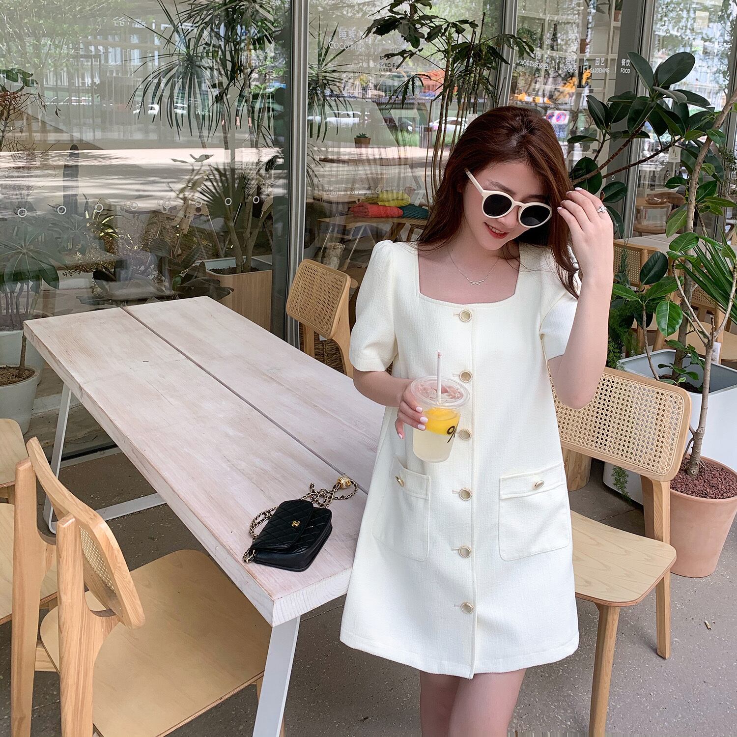 サマースタイルカラーシングルブレストドレス ホワイトスリムスカート 夏物 スクウェア 6Du_Shop_Women7572542816