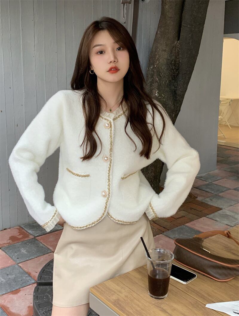 セーター ホワイトカーディガンジャケット スリムニットトップス ウィンター 冬物 ブラックストロベリース73925669711