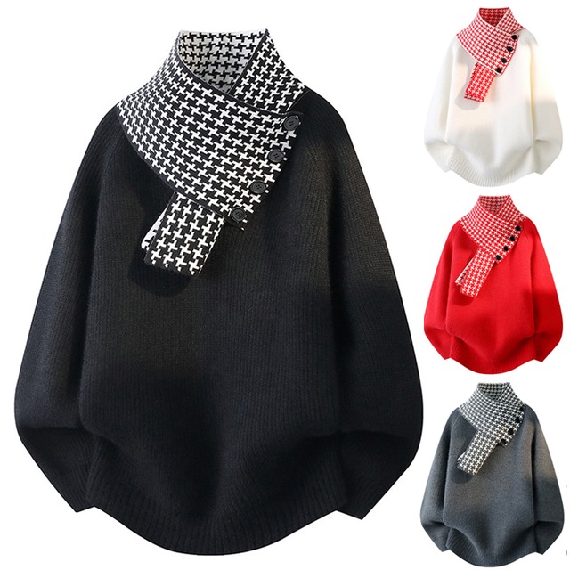 ☼チェック柄マフラーネックニット!【WSシリーズ】★セーター★ ユニセックス 4color ニットトップス メンズ 大きいサイズ