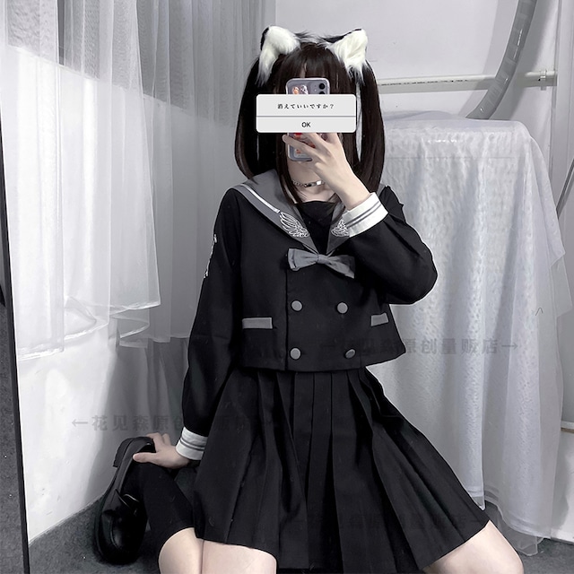 銀翼纏う漆黒の学院 ウィング刺繍セーラー衿クロップドJK制服