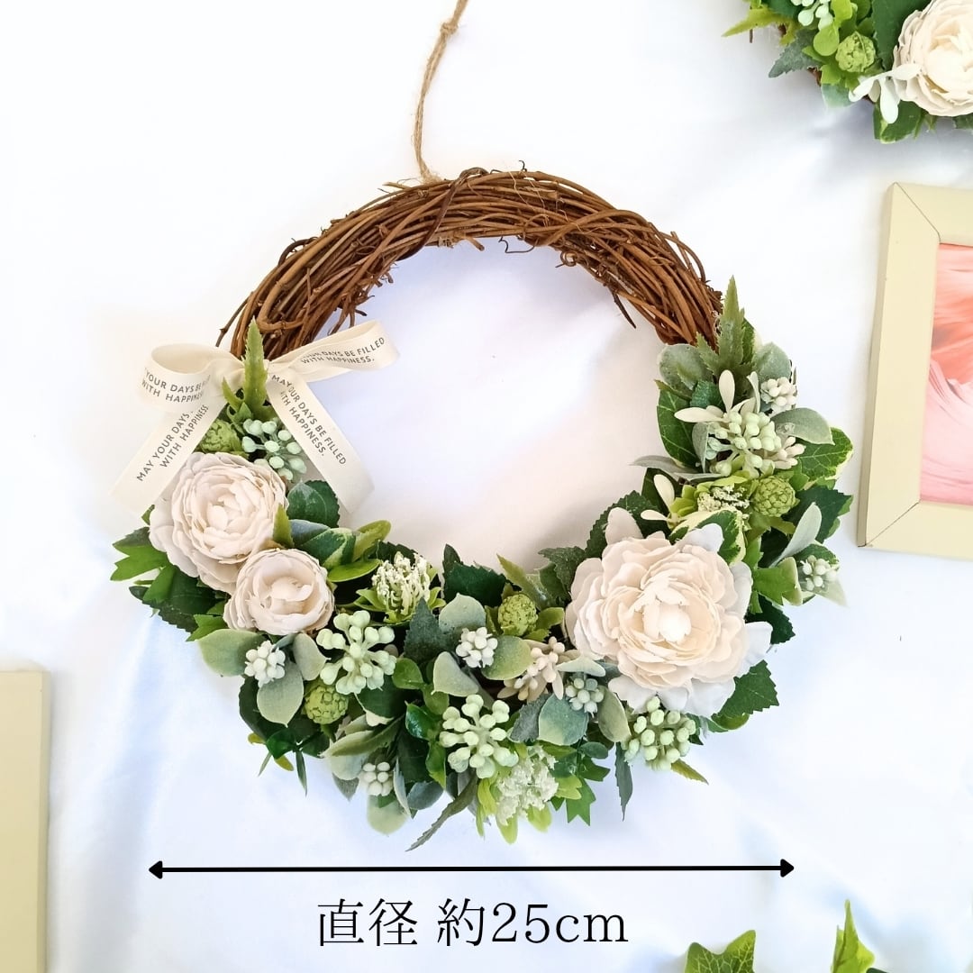 25cm】爽やかなグリーンと白バラのハーフムーンリース 造花 フラワー