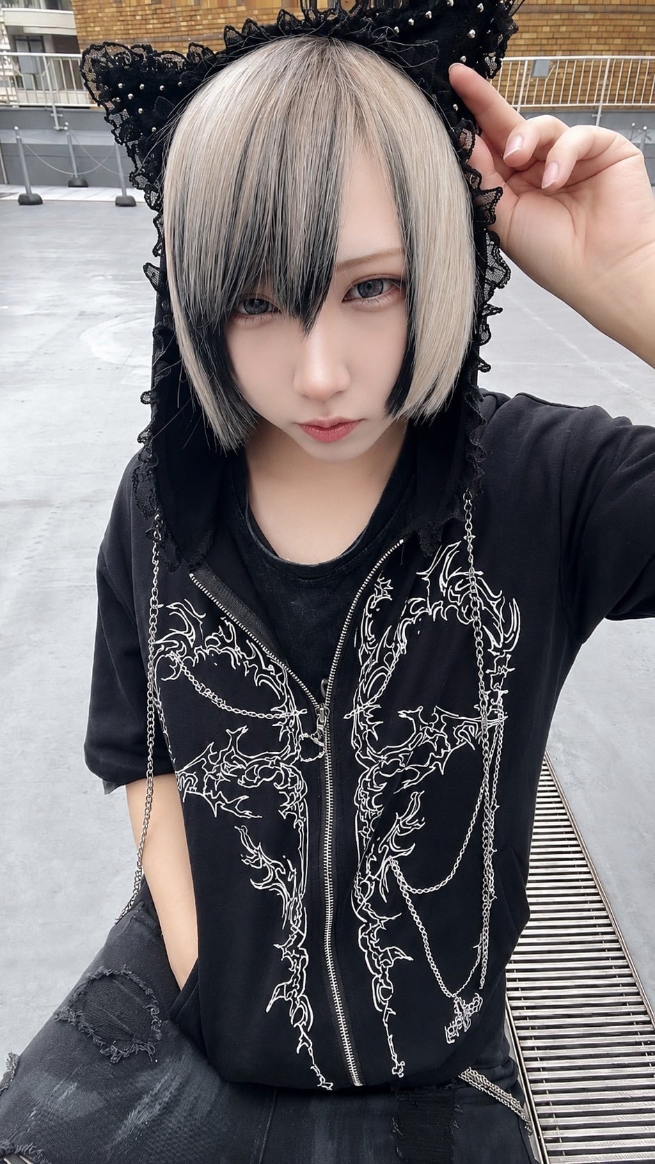 PSYNYXX 猫耳フリル半袖パーカー | 韓国系ユニセックスTHICC サブカル