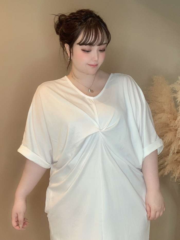 Vネックねじりデザインロング丈ワンピース モード きれいめ シンプル 白 大きいサイズ 韓国 CH4601