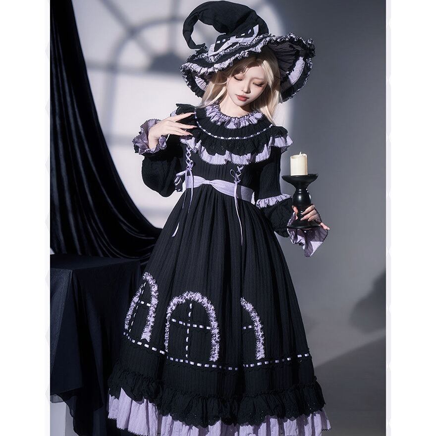 予約商品 納期45日】ゴスロリ 魔女ドレス ヘッドドレス 三角帽付き 6点