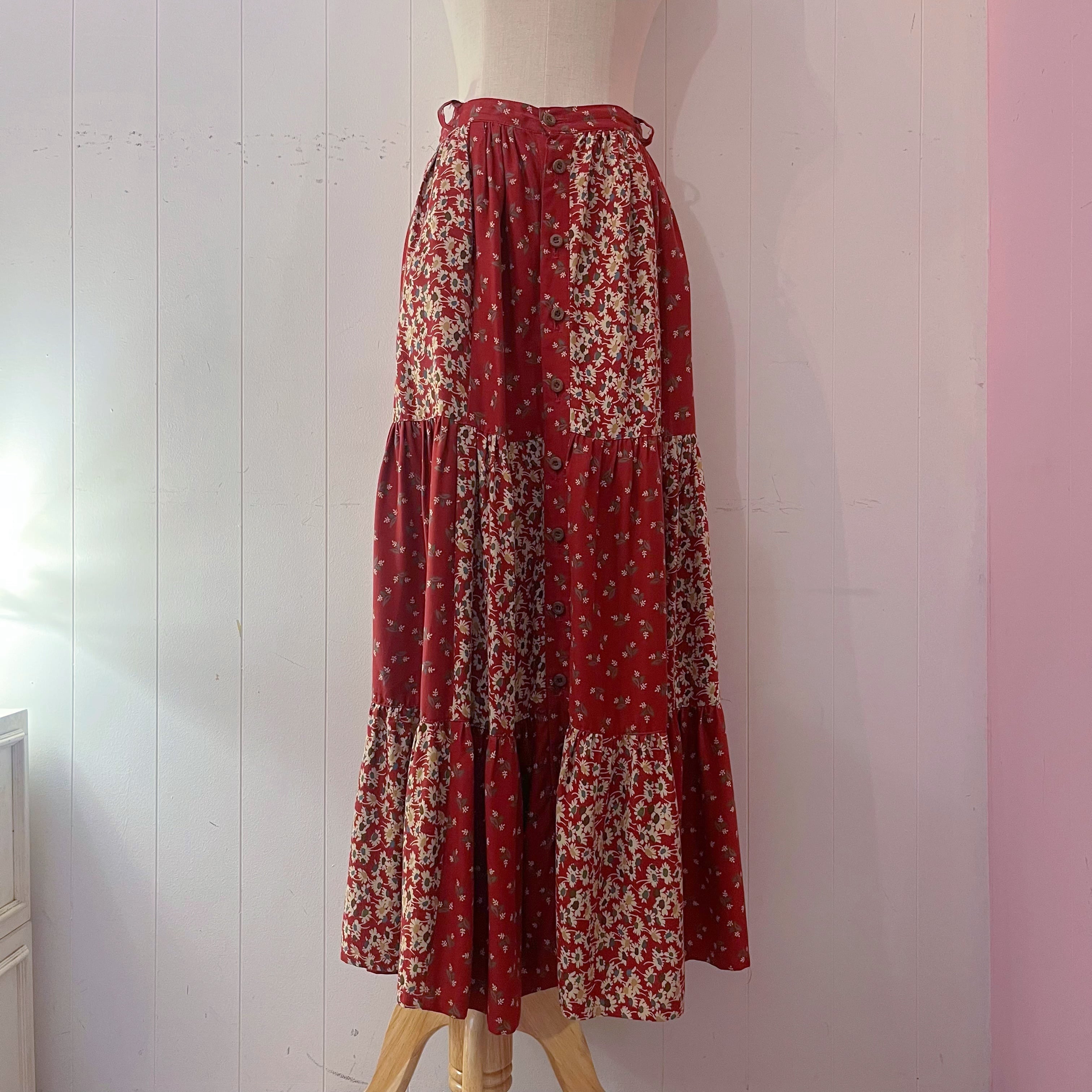 red flower patchwork tiered skirt