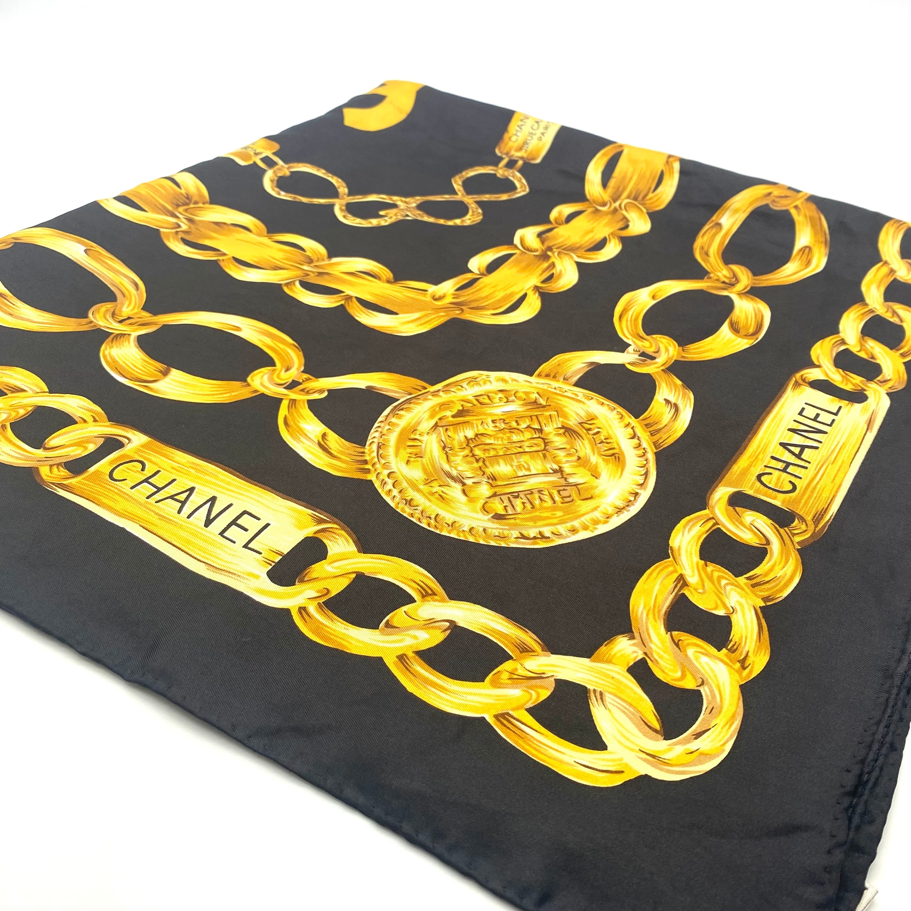 Vintage CHANEL Gold Chainz Big size Shawl Scarf Black 