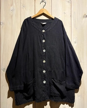 【a.k.a.C.a.k.a vintage】Minimal Design Vintage Loose Black Linen Shirt Jacket