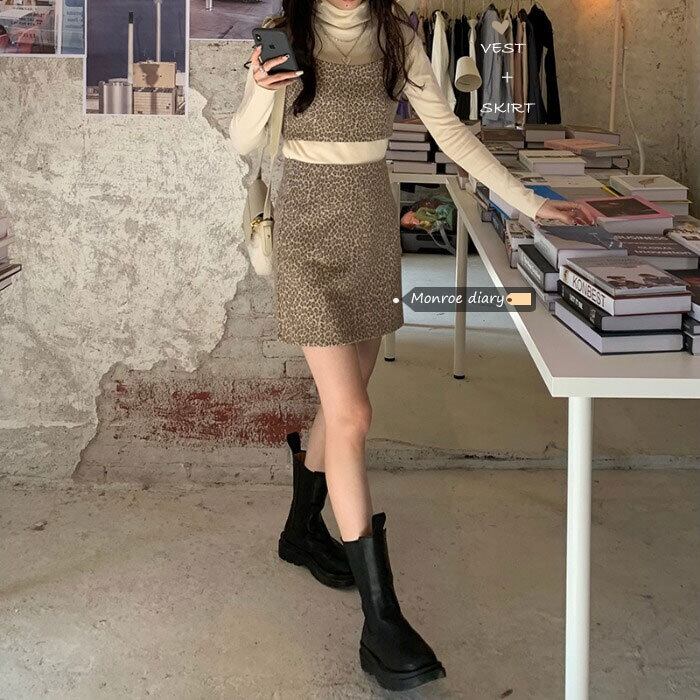 レオパードプリント柄ハイウェストウェストスカート オータムウィンタースタンダードショートAライン レトロ 秋物 冬物 モンロー14141750461
