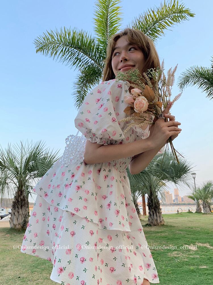 フローラルドレス サマースタイルストレッチウェストAラインスカート エラスティック 伸縮 夏物 花柄 ビッグFスモールZ韓国70644477942