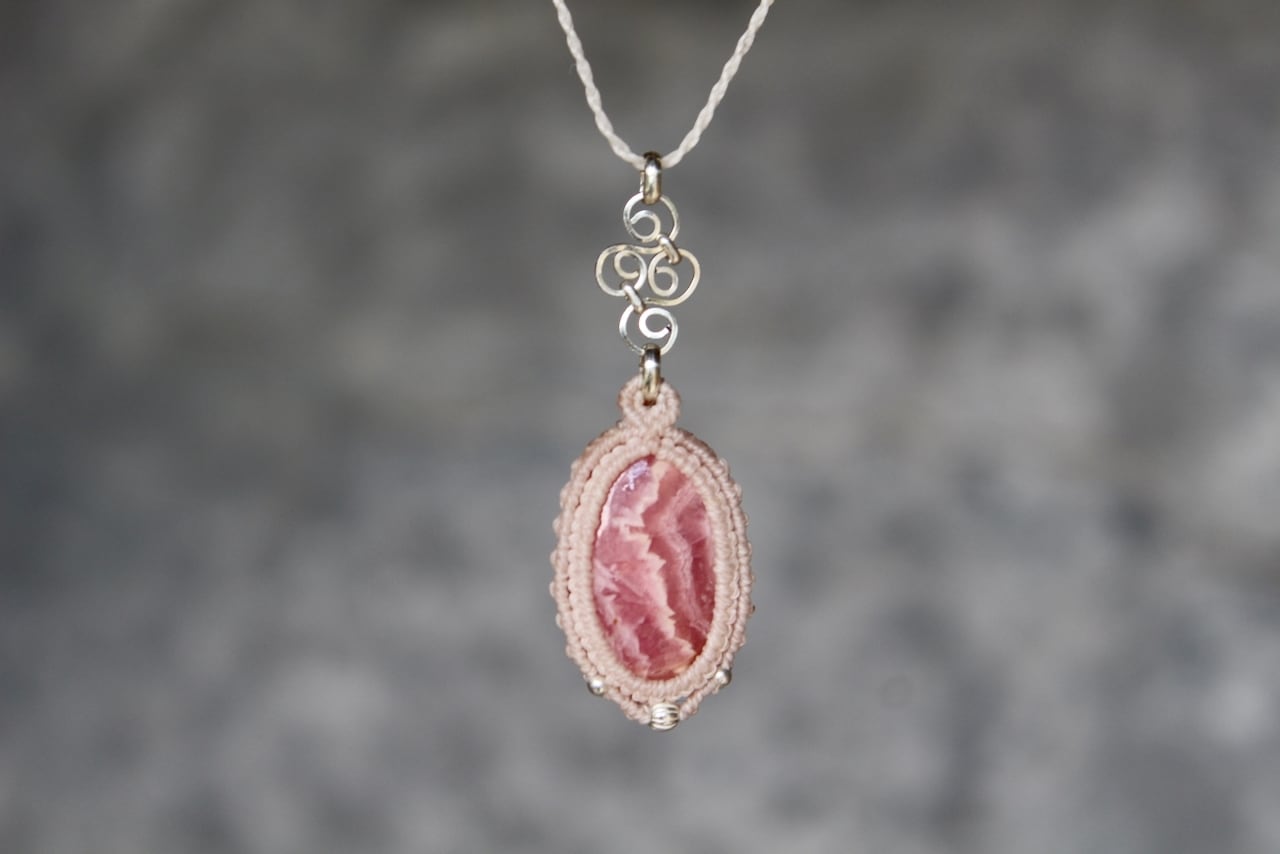 Rhodochrosite silver925 wirework micro macrame pendant