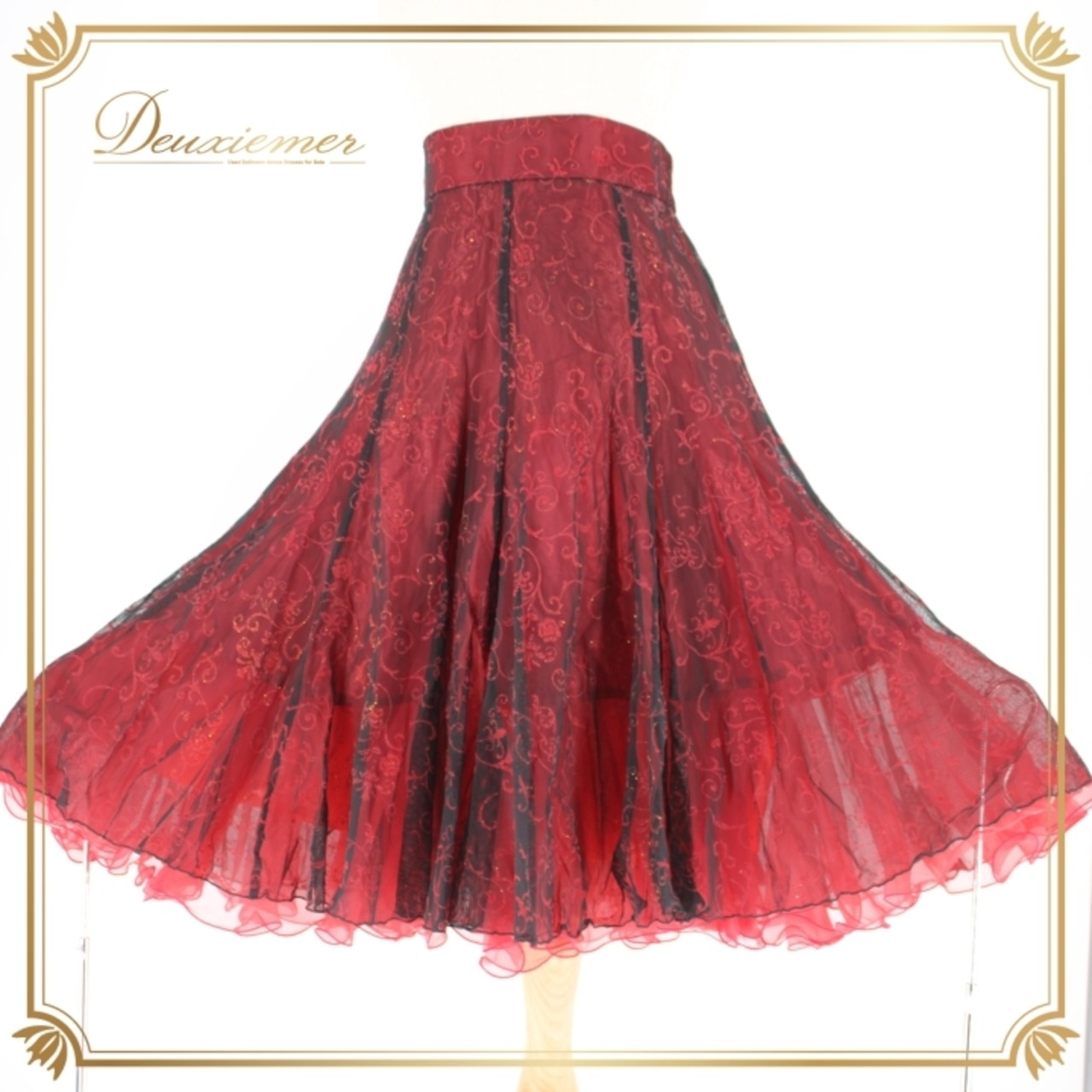 社交ダンス 衣装 スタンダード スカート レッスンウェア オールシーズン ブラック系 レッド系 U:NA ユーナ 赤 黒 派手 レース 花柄 上品 フェミニン シルエット 結婚式 パーティー おしゃれ お出かけ ふんわり 二重スカート ドレス 女性用 伸縮性 着回し コスチューム 華やか 上品デザイン ダンス用