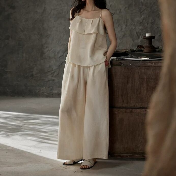 【M-XL】simple design frill camisole long-pants pajamas p1740