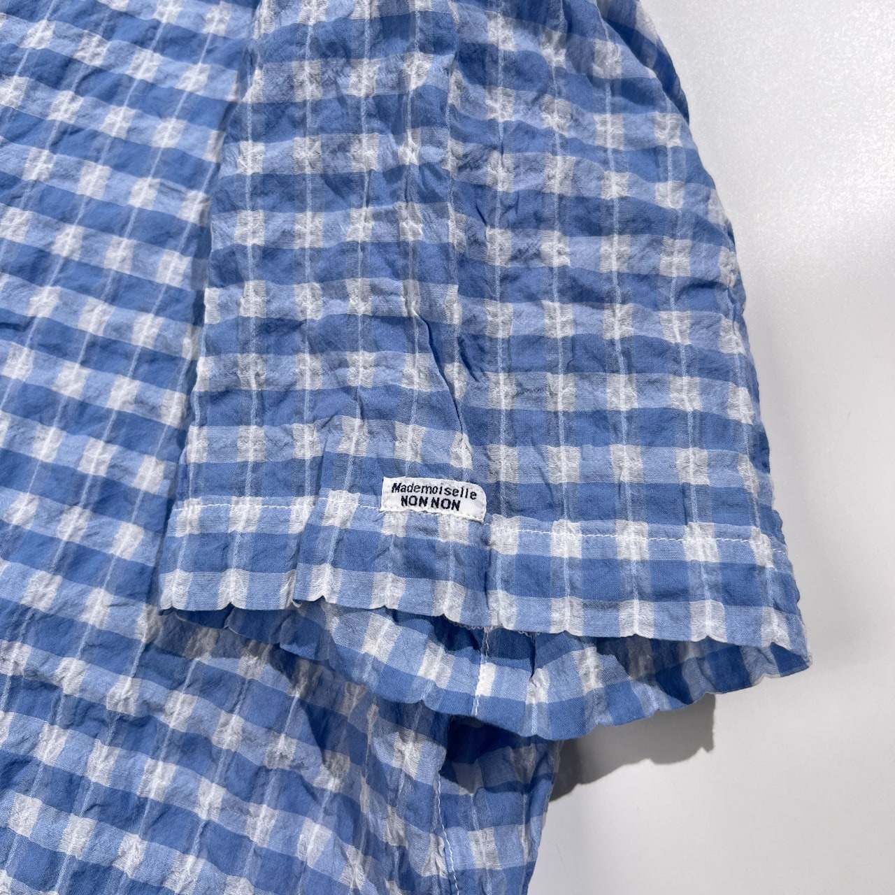 美品 Mademoiselle NON NON マドモアゼルノンノン チェック シアサッカー 半袖シャツ サイズ 38 M /水色ブルー×ホワイト